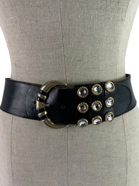 Vintage ROBINIA Black Leather Wide & Gold Buckle Rhinestone Accent Belt 30